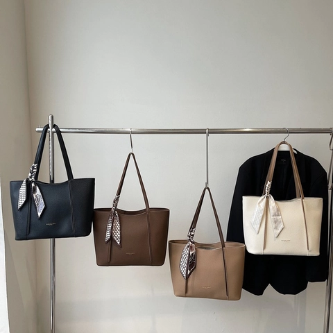 Women Large Capacity Tote Bag Lychee Pattern PU Leather With Decorative Scarf Casual Commuter Handbag Simple Retro Solid Color