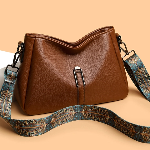 Women Shoulder Crossbody Bag PU Leather Lychee Pattern Wide Ethnic Strap Small Square Purse For Casual Daily Use