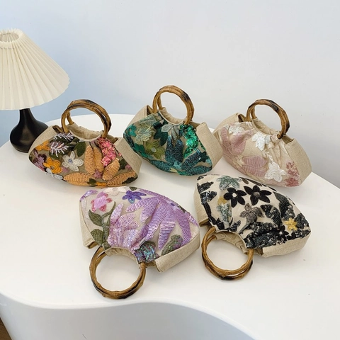 Retro Damen Handtasche Mit Bambusgriff Blumenstickerei Pailletten Ethnisch Stoff Unterarmtasche Vintage
