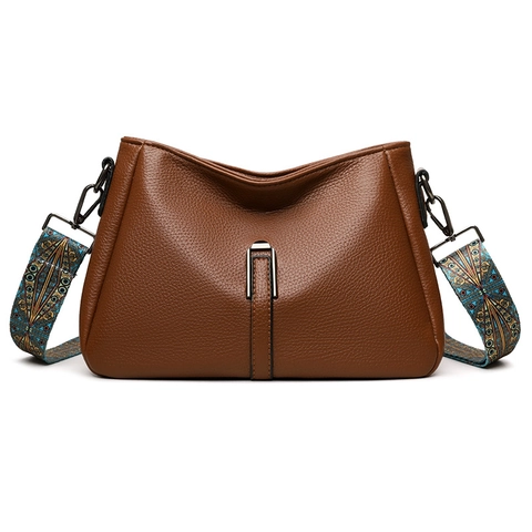 Women Shoulder Crossbody Bag PU Leather Lychee Pattern Large Capacity Wide Ethnic Strap Casual Trendy Handbag