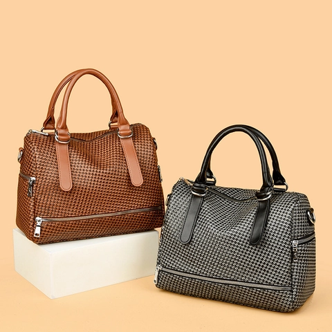 Borse Da Donna Pelle PU Trama Intrecciata Grande Capacità Borsa A Tracolla Borsa A Spalla Pendolare Elegante Boston Bag