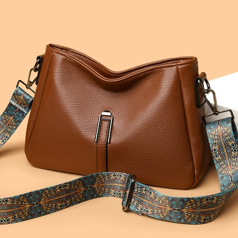Women Shoulder Crossbody Bag PU Leather Lychee Pattern Large Capacity Wide Ethnic Strap Casual Trendy Handbag