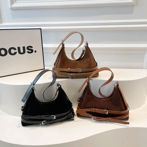 Sac Sous Le Bras Femme Hobo Bag Texture PU Suède Multi Boucles Décor Rétro Chic Sac À Épaule Pour Le Quotidien Polyvalent