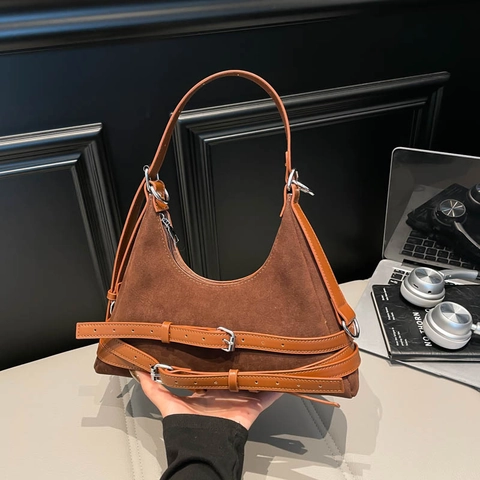 Sac Sous Le Bras Femme Hobo Bag Texture PU Suède Multi Boucles Décor Rétro Chic Sac À Épaule Pour Le Quotidien Polyvalent