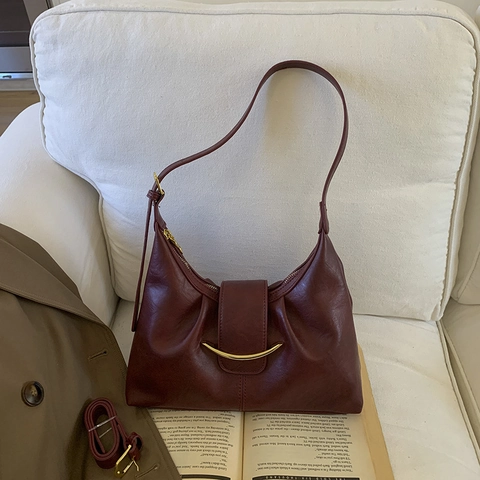 Damen PU Leder Unterarm Hobo Tasche Halbmondform Mit Goldener Metallschnalle Retro Minimalistische Nische Schulter Umhängetasche