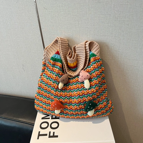 Borsa Tote In Maglia Con Funghi Righe Colorate Uncinetto Fatto A Mano Borsa A Spalla Casual Carina Per Donna