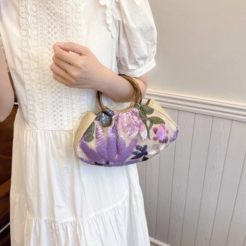 Retro Damen Handtasche Mit Bambusgriff Blumenstickerei Pailletten Ethnisch Stoff Unterarmtasche Vintage