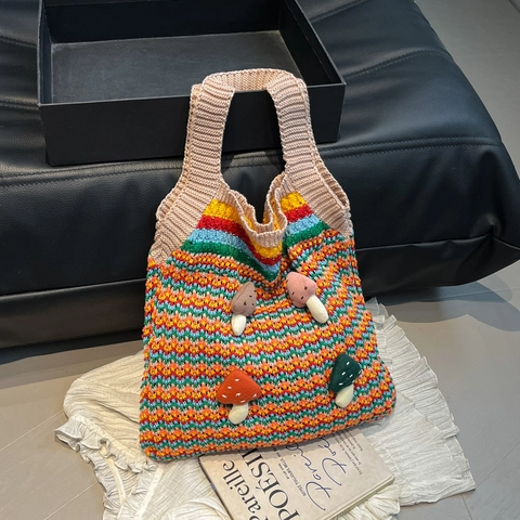 Borsa Tote In Maglia Con Funghi Righe Colorate Uncinetto Fatto A Mano Borsa A Spalla Casual Carina Per Donna
