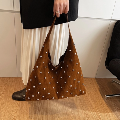 Large Capacity Hobo Shoulder Bag Suede Texture Rivet Studded Vintage Versatile Fashion Women