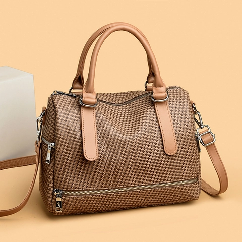 Borse Da Donna Pelle PU Trama Intrecciata Grande Capacità Borsa A Tracolla Borsa A Spalla Pendolare Elegante Boston Bag