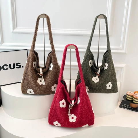 Sac À Épaule Peluche Femmes Cabas En Laine Avec Motif Fleurs Blanches Fermoir À Bascule Cordon Style Hiver