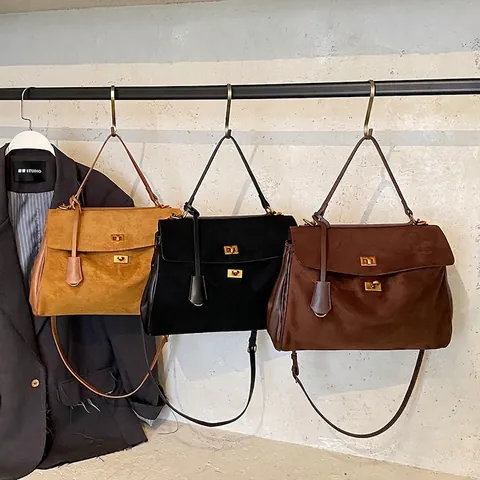 Sac À Bandoulière Pour Femme En Suédine Et Similicuir Grande Capacité Style Rétro Commute Sac À Main À Rabat Avec Double Verrou Doré