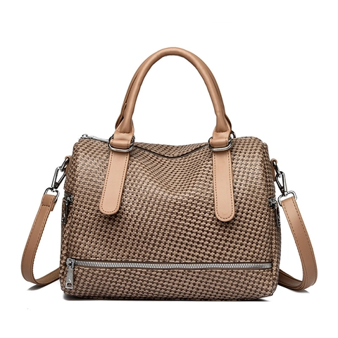 Women Boston Bag PU Leather Woven Texture Handheld Crossbody Retro Commuting Minimalist Large Capacity