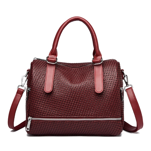 Women Boston Bag PU Leather Woven Texture Handheld Crossbody Retro Commuting Minimalist Large Capacity
