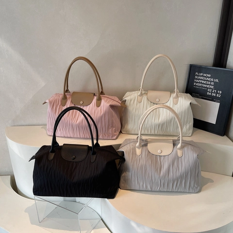Damen Plissee Tote Bag Große Kapazität Minimalistische Geknitterte Nylon Schultertasche Mit Kunstlederklappe Reisen Yoga