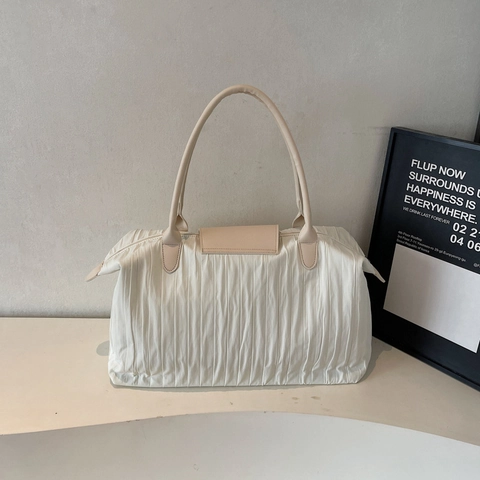 Damen Plissee Tote Bag Große Kapazität Minimalistische Geknitterte Nylon Schultertasche Mit Kunstlederklappe Reisen Yoga