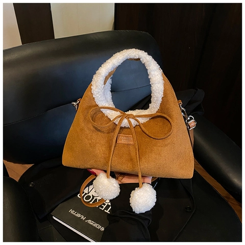 Bolso De Mano De Gamuza Para Mujer Con Lana De Cordero Color Contrastante Cordón Pompones Bolso Bandolera Otoño Invierno Chic