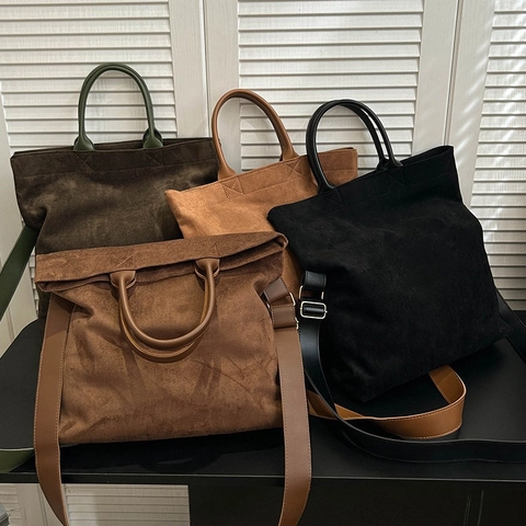 Vintage Suede Large Capacity Tote Handbag For Women Solid Color Chic Shoulder Crossbody Bag With Adjustable Strap