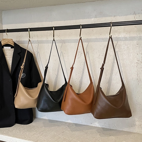 Large Capacity PU Leather Hobo Shoulder Bag For Women Minimalist Litchi Texture Commuter Tote With Inner Pouch