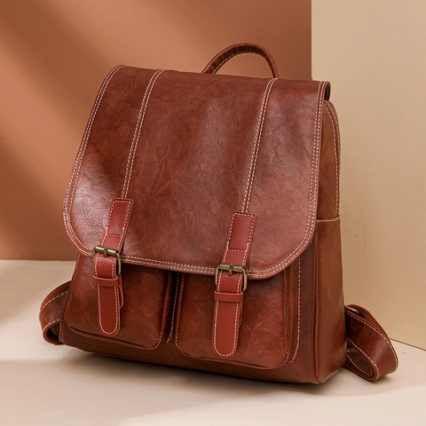 Vintage PU Leather Backpack Women Large Capacity Contrast Stitching Waterproof Rucksack Decorative Buckles Travel School Bag