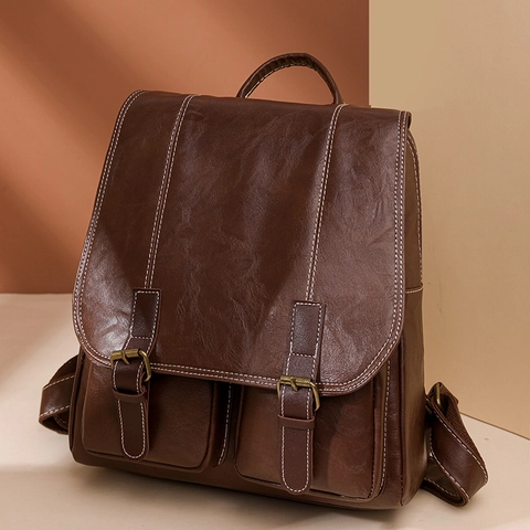 Vintage PU Leather Backpack Women Large Capacity Contrast Stitching Waterproof Rucksack Decorative Buckles Travel School Bag