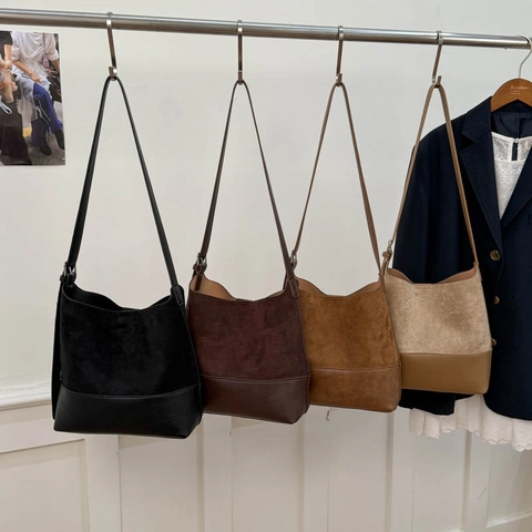 Retro Minimalist Women Shoulder Bag Suede PU Leather Splicing Large Capacity Bucket Bag With Adjustable Strap Inner Pouch