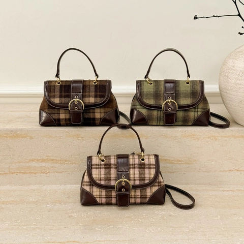 Sac À Main Vintage Écossais Style Britannique Rétro Cuir PU Tissu Patchwork Sac À Bandoulière Pour Femmes Grande Capacité