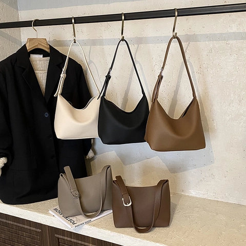 Vintage Lychee Texture PU Leather Hobo Bag Solid Color Adjustable Strap Shoulder Bag For Women Minimalist Style
