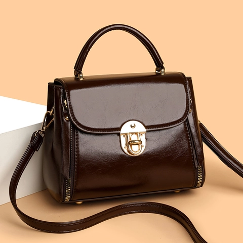 Vintage Women Handbag PU Leather Retro Square Crossbody Bag With Top Handle Gold Lock Shiny Fashion Shoulder Bag