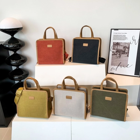 Korean Style Canvas Tote Bag For Women With Leather Trim Large Capacity Square Handbag Crossbody Shoulder Bag Commute