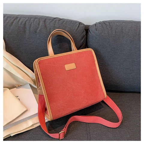 Korean Style Canvas Tote Bag For Women With Leather Trim Large Capacity Square Handbag Crossbody Shoulder Bag Commute
