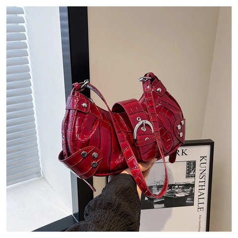 Crocodile Pattern PU Leather Hobo Shoulder Bag With Silver Rivets Buckles Retro Y2K Motorcycle Handbag For Women
