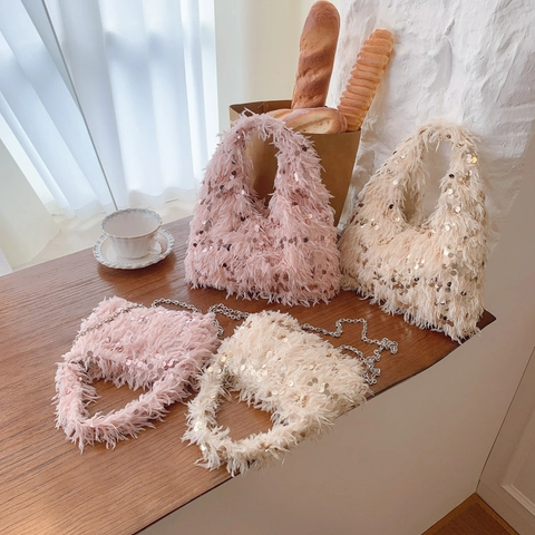 Borsa Da Sera Con Piume E Paillettes Borsa A Mano In Pelliccia Con Tracolla A Catena In Metallo Per Donna Festa Pochette Elegante