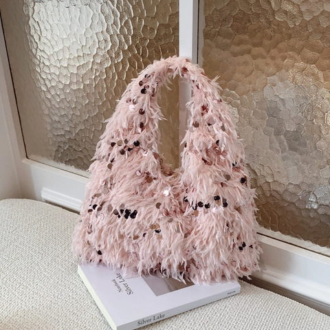 Borsa Da Sera Con Piume E Paillettes Borsa A Mano In Pelliccia Con Tracolla A Catena In Metallo Per Donna Festa Pochette Elegante