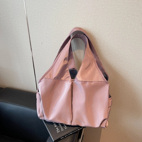 Bolso Tote Grande Para Mujer Nailon Impermeable Estilo Urbano Simple Bolso De Hombro Con Bolsillos Laterales