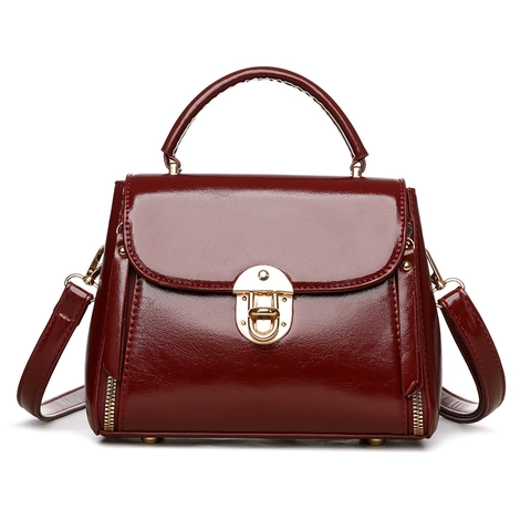 Vintage Women Handbag PU Leather Retro Square Crossbody Bag With Top Handle Gold Lock Shiny Fashion Shoulder Bag