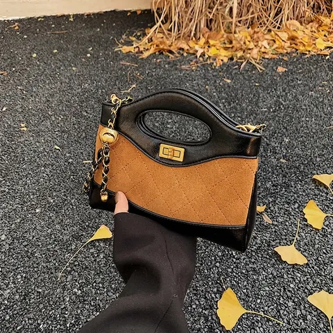 Bolso De Hombro Vintage Para Mujer Cuero PU Patrón Diamante Acolchado Bolso De Mano Bloque Color Cadena Metal Retro