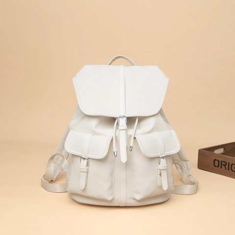 Women PU Leather Backpack Litchi Grain Large Capacity Retro Drawstring Flap Rucksack With Front Pockets For Casual Travel