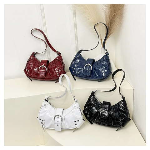 Crocodile Pattern PU Leather Hobo Shoulder Bag With Silver Rivets Buckles Retro Y2K Motorcycle Handbag For Women