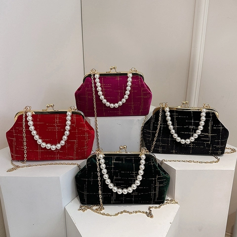 Vintage Velvet Evening Bag Gold Lattice Pattern With Artificial Pearl Handle And Gold Chain Strap Kiss Lock Shoulder Bag For Women