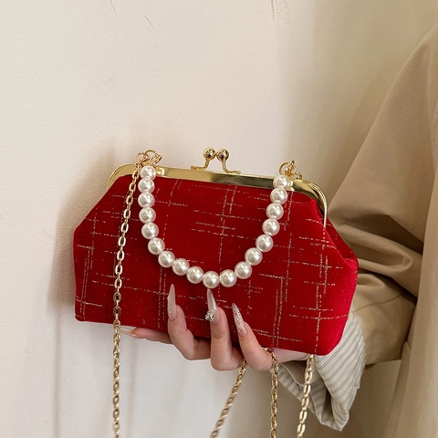 Vintage Velvet Evening Bag Gold Lattice Pattern With Artificial Pearl Handle And Gold Chain Strap Kiss Lock Shoulder Bag For Women