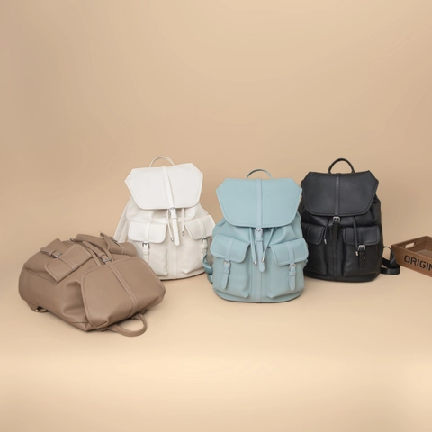 Women PU Leather Backpack Litchi Grain Large Capacity Retro Drawstring Flap Rucksack With Front Pockets For Casual Travel