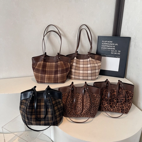 Vintage Große Kapazität Tote Bag Wildleder Leder Patchwork Leopard Karo Druck Casual Schulter Handtasche Damen