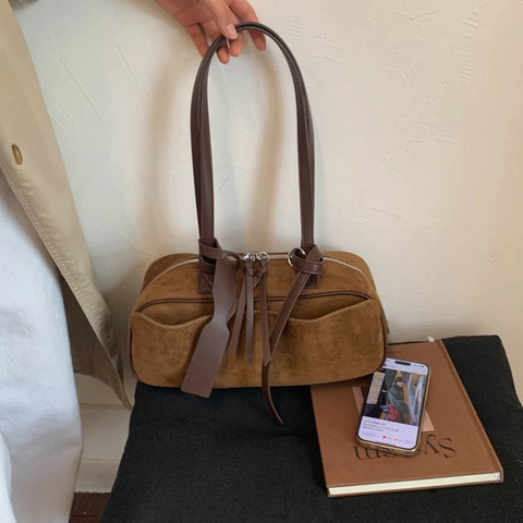 Suede Frosted PU Underarm Bag Large Capacity Shoulder Handbag Solid Color Retro Knot Decoration For Women Fashion