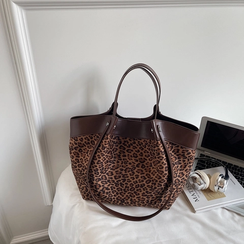 Vintage Große Kapazität Tote Bag Wildleder Leder Patchwork Leopard Karo Druck Casual Schulter Handtasche Damen