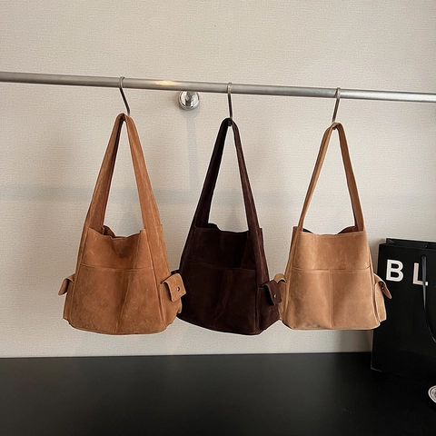 Bolso Tote De Gamuza De Gran Capacidad Para Mujer Vintage Minimalista Con Múltiples Bolsillos De Color Sólido