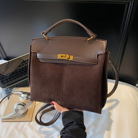 Bolso De Mano Retro Mujer Cuero PU Gamuza Sintética Color Contraste Cerradura Metal Trapecio Bolso Bandolera Vintage Chic