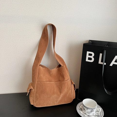 Bolso Tote De Gamuza De Gran Capacidad Para Mujer Vintage Minimalista Con Múltiples Bolsillos De Color Sólido