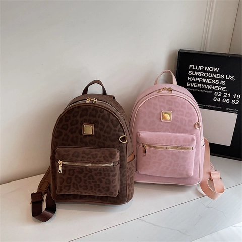 Mode Leopard Druck Rucksack Wildleder Textur Große Kapazität Lässige Reise Tagesrucksack Retro Schick Für Frauen
