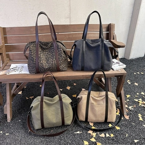 Large Capacity Canvas Tote Bag Leopard Print Underarm Shoulder Crossbody Handbag Minimalist Versatile Commuter Style